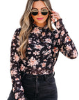Black Floral Mesh Mock Neck Long Sleeve Slim Fit Top - Toi ‘n’ Moi Ltd