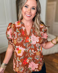 Brown Floral Stitched V Neck Frilled Trim Puff Short Sleeve Blouse - Toi ‘n’ Moi Ltd