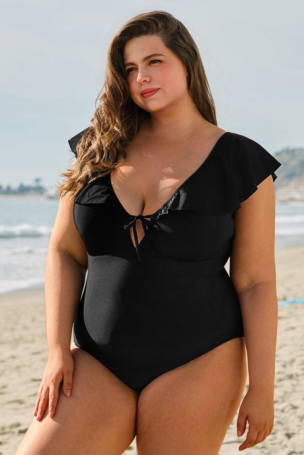 Black Ruffled Sleeve Lace-up V Neck Plus Size One Piece Swimsuit - Toi ‘n’ Moi Ltd