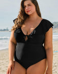 Black Ruffled Sleeve Lace-up V Neck Plus Size One Piece Swimsuit - Toi ‘n’ Moi Ltd