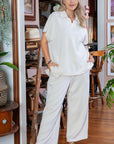 Beige Plus Size Textured Collared Top and Pants Set - Toi ‘n’ Moi Ltd