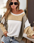 Khaki Exposed Seam Color Block Patchwork Top