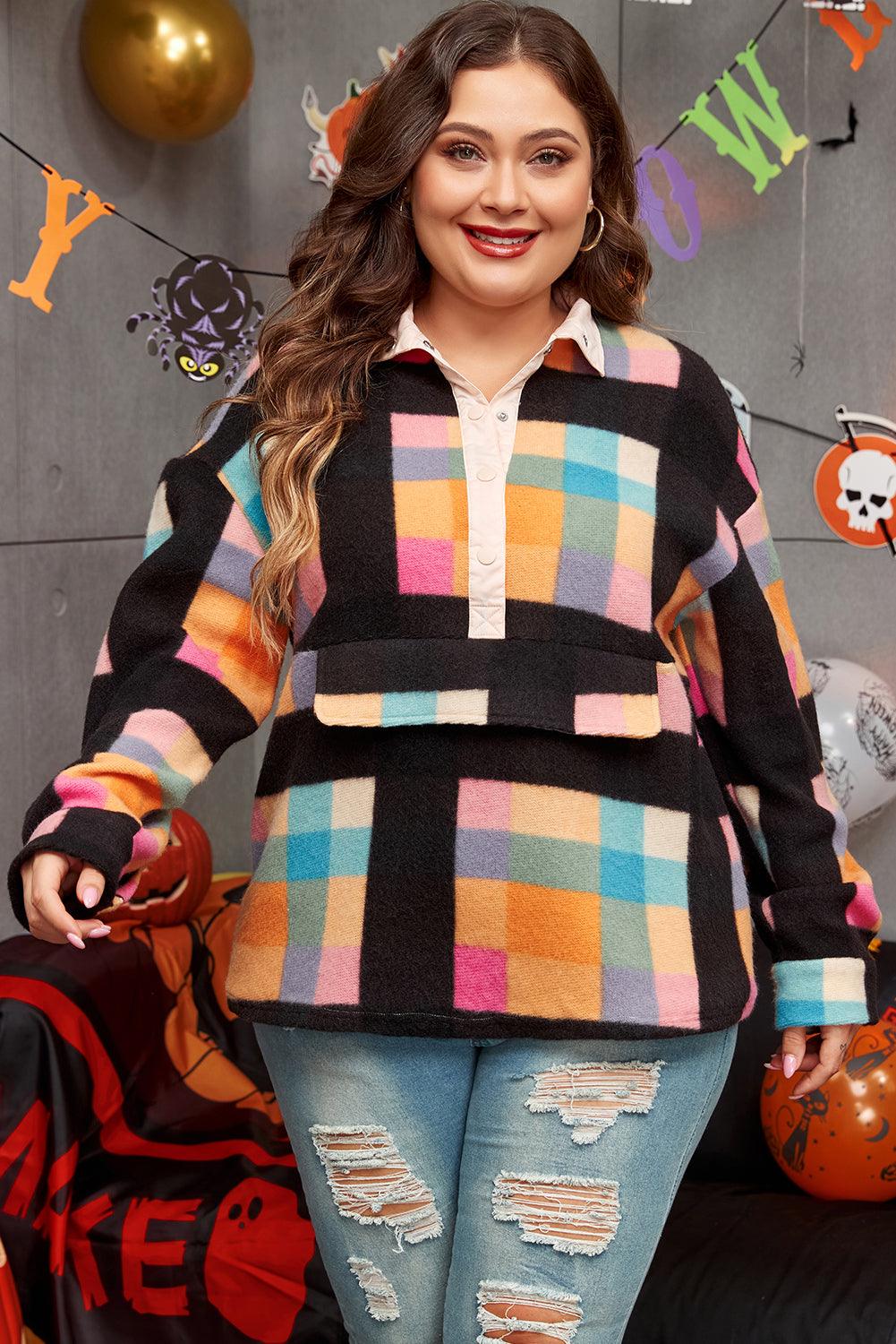 Black Plus Size Checkered Print Sherpa Henley Sweatshirt - Toi ‘n’ Moi Ltd