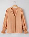 Straw Yellow Solid Color Shirred Cuff Notch V Neck Blouse