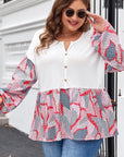 Apricot Plus Size Printed Patchwork Textured Buttoned Blouse - Toi ‘n’ Moi Ltd