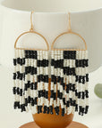 Black Checkered Beaded Tassel Bohemian Hoop Earrings - Toi ‘n’ Moi Ltd
