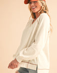 Beige Exposed Seam Crinkle Rib V Neck Pullover Top - Toi ‘n’ Moi Ltd