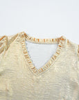 Gold Metallic Frilled V Neck Puff Sleeve Babydoll Blouse