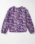 Purple Boho Flower Split V Neck Bubble Sleeve Blouse