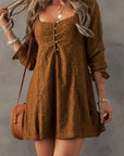 Chestnut Lace Crochet Buttoned Square Neck Shift Mini Dress