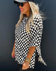 Black Checkered Print Side Slits O Neck Plus Size T Shirt - Toi ‘n’ Moi Ltd