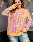 Bright Pink Plus Size Leopard Ribbed Trim Sweater - Toi ‘n’ Moi Ltd