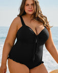 Black Plus Size Textured Knotted Ruffled Trim One Piece Swimwear - Toi ‘n’ Moi Ltd