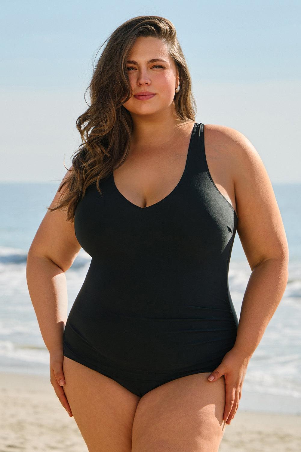 Black Solid Color U Neck Padded Plus Size One Piece Swimsuit - Toi ‘n’ Moi Ltd