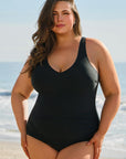 Black Solid Color U Neck Padded Plus Size One Piece Swimsuit - Toi ‘n’ Moi Ltd