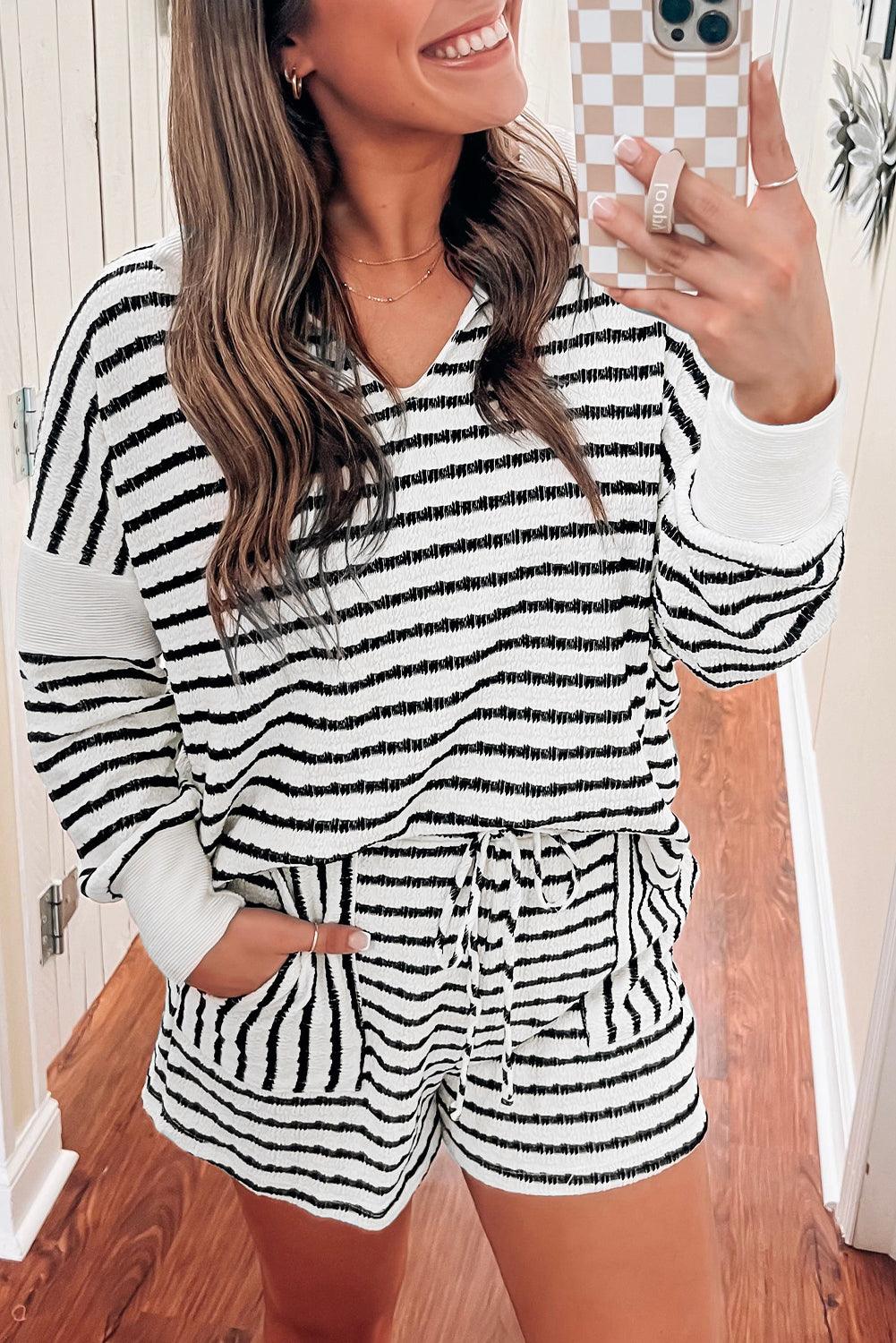Black Stripe Collared V Neck Long Sleeve Top Plus Shorts Set - Toi ‘n’ Moi Ltd