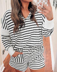 Black Stripe Collared V Neck Long Sleeve Top Plus Shorts Set - Toi ‘n’ Moi Ltd