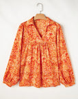 Orange Abstract Print Collared V Neck Babydoll Blouse