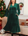 Blackish Green Velvet Frilled up Neck Ruffled High Waist Plus Size Midi Dress - Toi ‘n’ Moi Ltd