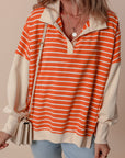Orange Stripe Color Block Loose Fit Collared Drop Shoulder Sweatshirt