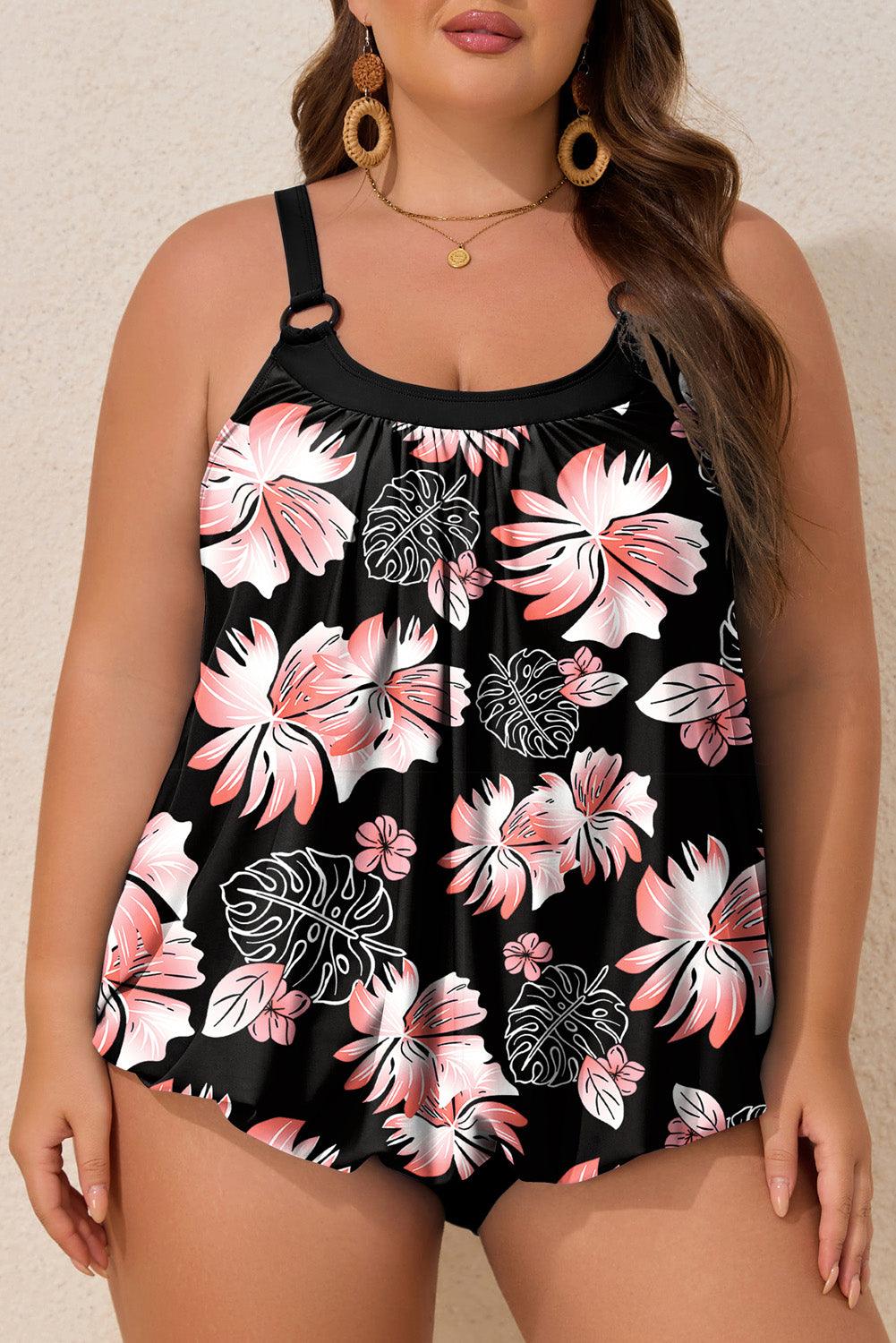 Black 2pcs Plus Size Wide Strap Floral Top Tankini Set - Toi ‘n’ Moi Ltd