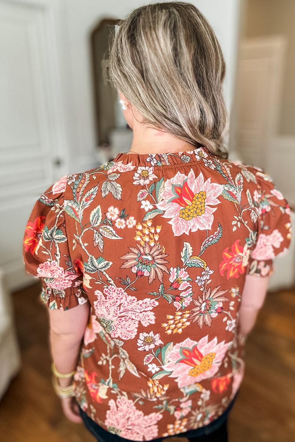 Brown Floral Stitched V Neck Frilled Trim Puff Short Sleeve Blouse - Toi ‘n’ Moi Ltd