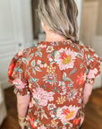 Brown Floral Stitched V Neck Frilled Trim Puff Short Sleeve Blouse - Toi ‘n’ Moi Ltd