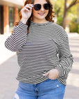 Black Stripe Drop Shoulder Puff Long Sleeve O Neck Plus Size T Shirt - Toi ‘n’ Moi Ltd