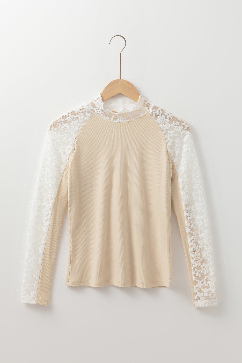 Beige Floral Lace Patchwork Long Sleeve High Neck Slim Top - Toi ‘n’ Moi Ltd