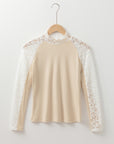 Beige Floral Lace Patchwork Long Sleeve High Neck Slim Top - Toi ‘n’ Moi Ltd