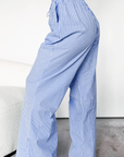 Pantalon taille haute élastique à jambes larges et à lacets boutonnés à rayures bleu ciel