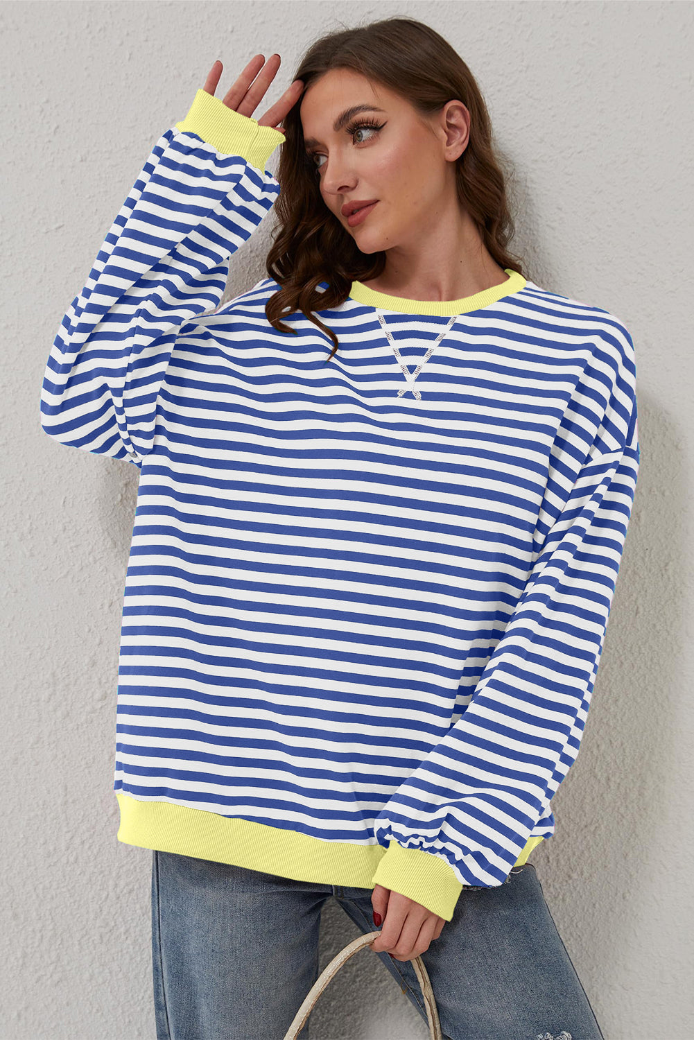 Blue Stripe Oversized Contrast Trim Pullover Sweatshirt - Toi ‘n’ Moi Ltd