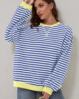 Blue Stripe Oversized Contrast Trim Pullover Sweatshirt - Toi ‘n’ Moi Ltd