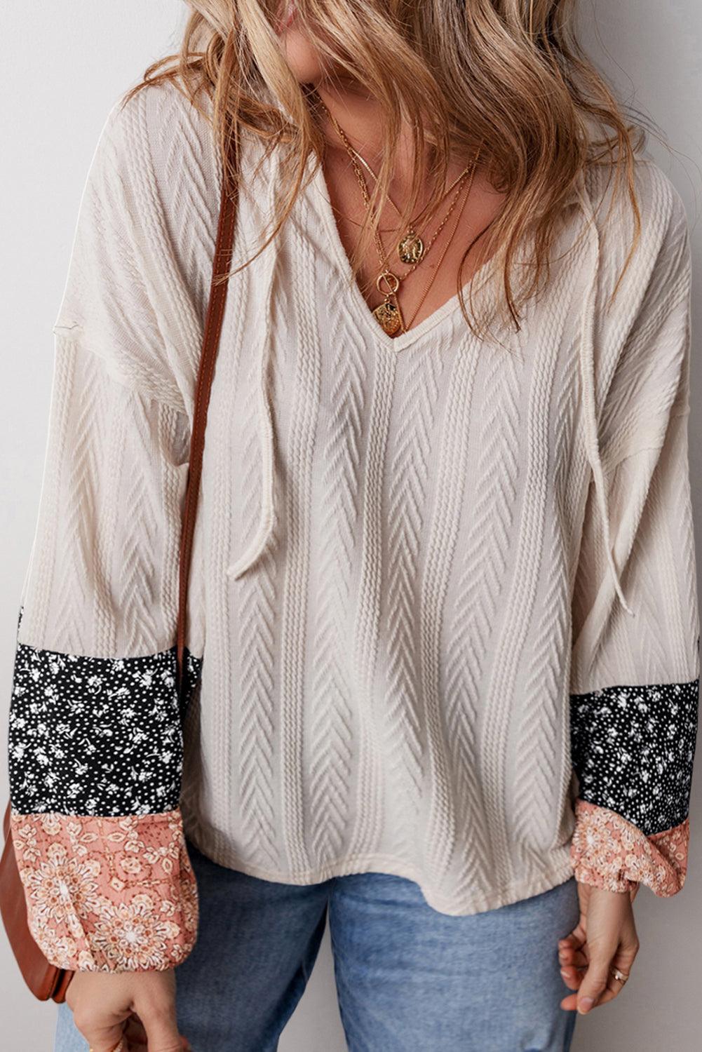 Beige Floral Patchwork Textured Knit Drawstring V Neck Blouse - Toi ‘n’ Moi Ltd