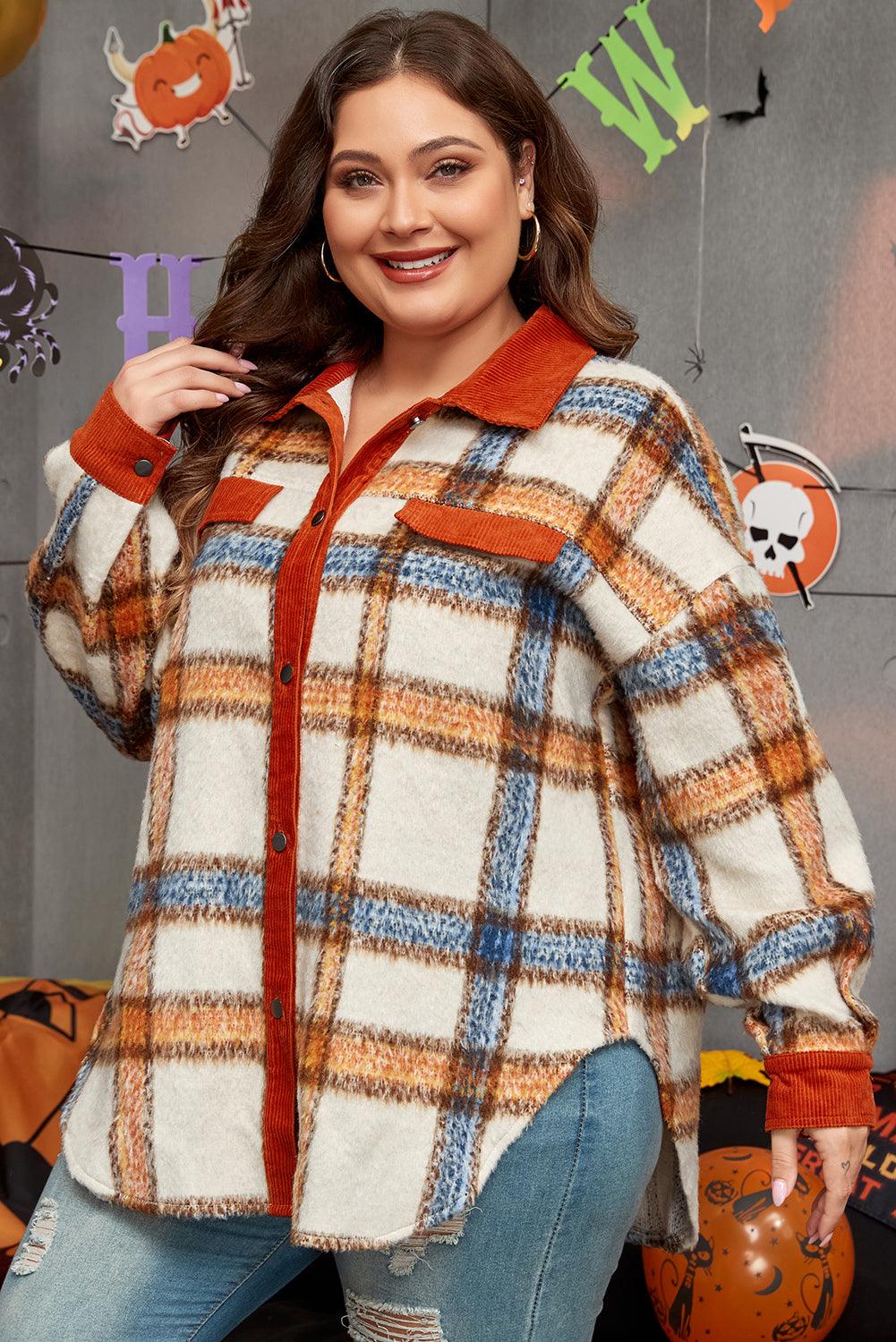 Brown Stripe Plus Size Plaid Print Collared Buttoned Jacket - Toi ‘n’ Moi Ltd