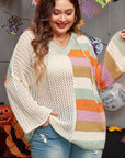 Beige Pointelle Knit Colorblock Patchwork V Neck Hooded Plus Sweater - Toi ‘n’ Moi Ltd
