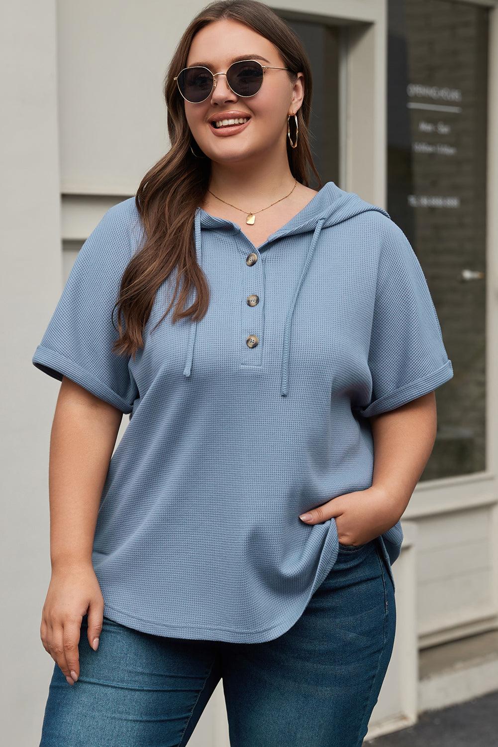 Ashleigh Blue Plus Size Waffle Knit Short Sleeve Drawstring Hoodie - Toi ‘n’ Moi Ltd