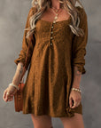 Chestnut Lace Crochet Buttoned Square Neck Shift Mini Dress