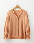 Straw Yellow Solid Color Shirred Cuff Notch V Neck Blouse