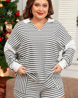Black Stripe Collared V Neck Long Sleeve Top Plus Shorts Set - Toi ‘n’ Moi Ltd
