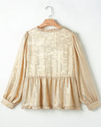 Gold Metallic Frilled V Neck Puff Sleeve Babydoll Blouse