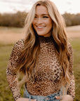 Brown Leopard Smocked Neck Mesh Long Sleeve Bodysuit - Toi ‘n’ Moi Ltd