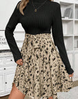 Black Ribbed Knit Patchwork Printed Belted A-line Dress - Toi ‘n’ Moi Ltd