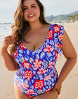 Blue Floral Print Ruffled V Neck High Waist One Piece Swimwear - Toi ‘n’ Moi Ltd