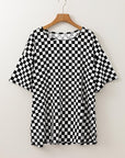 Black Checkered Print Side Slits O Neck Plus Size T Shirt - Toi ‘n’ Moi Ltd