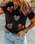 Black Sequin Heart Patched Pattern Crewneck Valentines Tee - Toi ‘n’ Moi Ltd