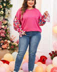 Bright Pink Floral Patchwork Flounce Sleeve Rib Knit Plus Top - Toi ‘n’ Moi Ltd