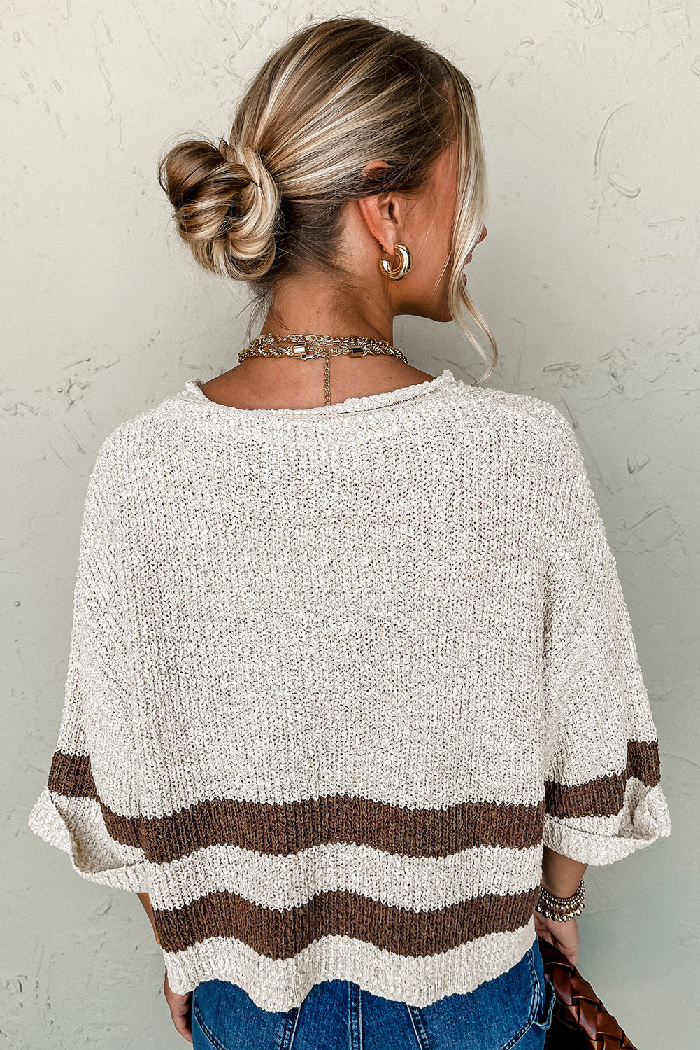Brown Stripe Cropped Drop Sleeve Sweater - Toi ‘n’ Moi Ltd