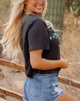 T-shirt graphique vintage gris carbone avec tête de taureau western turquoise et aztèque