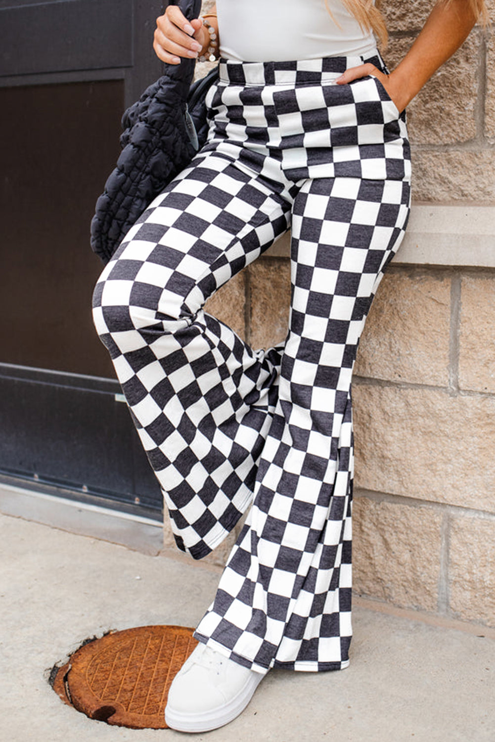 Black Checkerboard High Rise Casual Flared Pants - Toi ‘n’ Moi Ltd